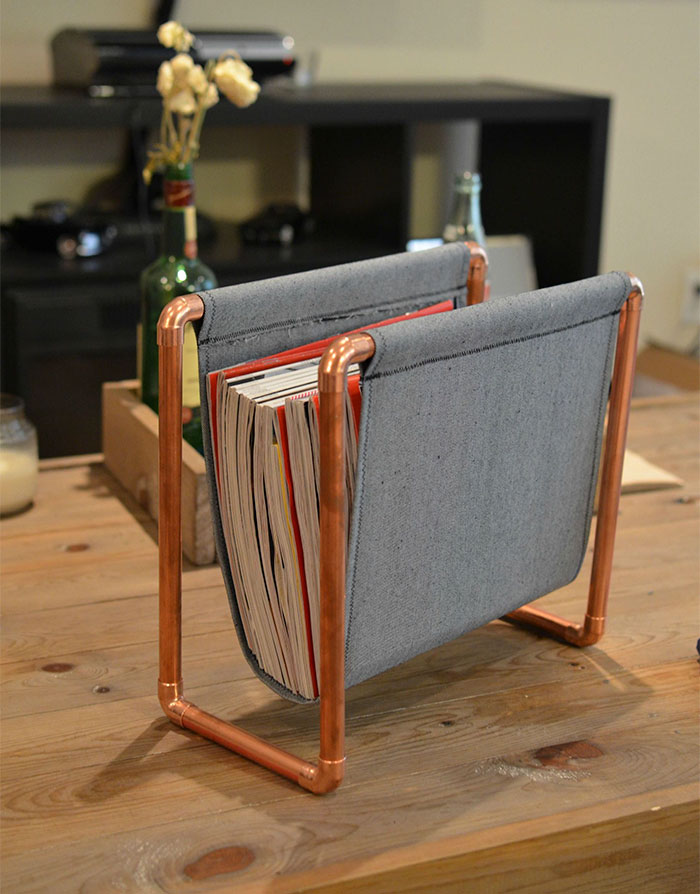 I Made A Simple DIY Magazine Rack Using Copper Pipe And Denim Cloth