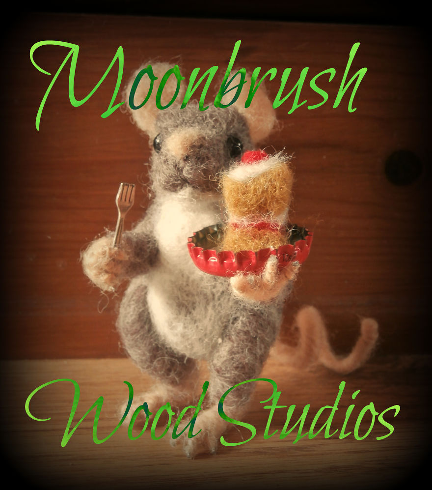 Handmade Needle Felt Mouse Eating Cake By Moonbrush Wood Studios