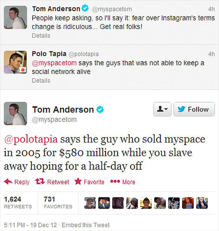 Tom Anderson serves epic revenge on Twitter, highlighting Myspace sale, responding perfectly to criticism.