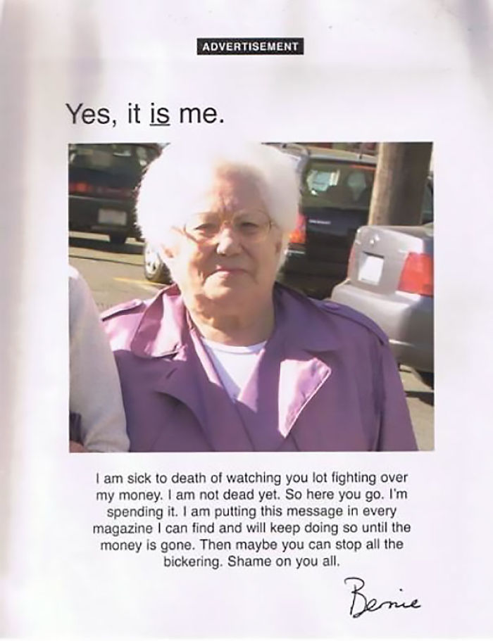 Elderly woman in a purple coat featured in a humorous advertisement about epic revenge.