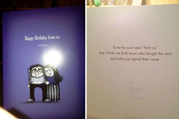 Birthday card with humorous note about revenge, highlighting who truly bought the card.