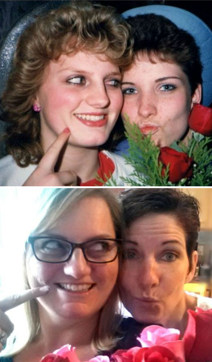 Best Friend Selfies, 27 Years Apart. Age 15 To 41