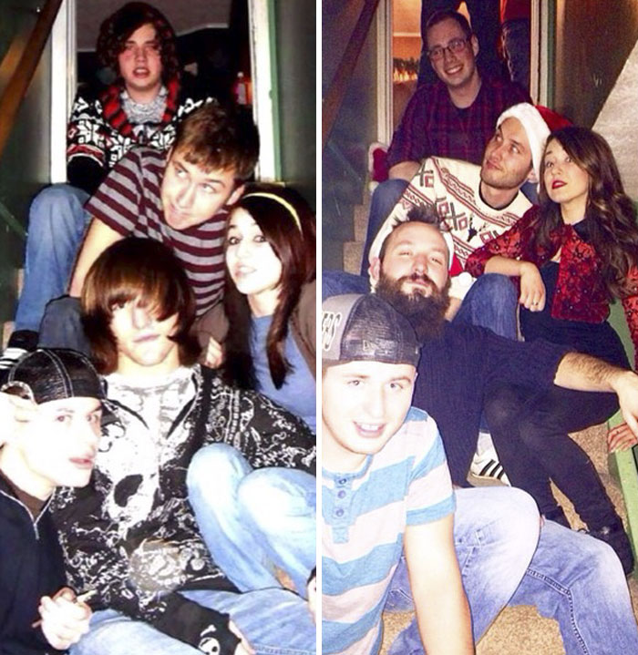 Recreated A Picture Of My Best Friends And I From High School At Our Christmas Party. 7 Years Later.