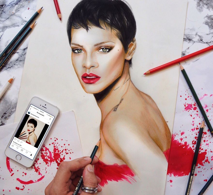 Rihanna Progress Drawing With Coloured Pencils