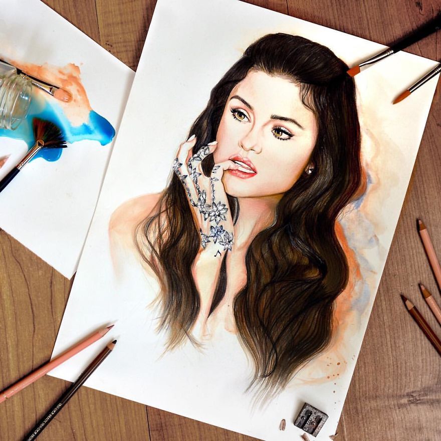 Selena Gomez Drawn With Coloured Pencils