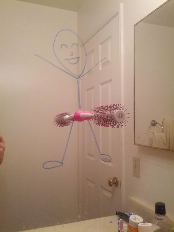 My Wife Bought A New Hairbrush With A Suction Cup At The End. I Found This On The Bathroom Mirror. I Love My Wife