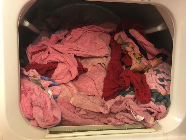 My Husband Attempted To Help With The Laundry. I Don't Buy Pink Towels Because I Don't Like Pink