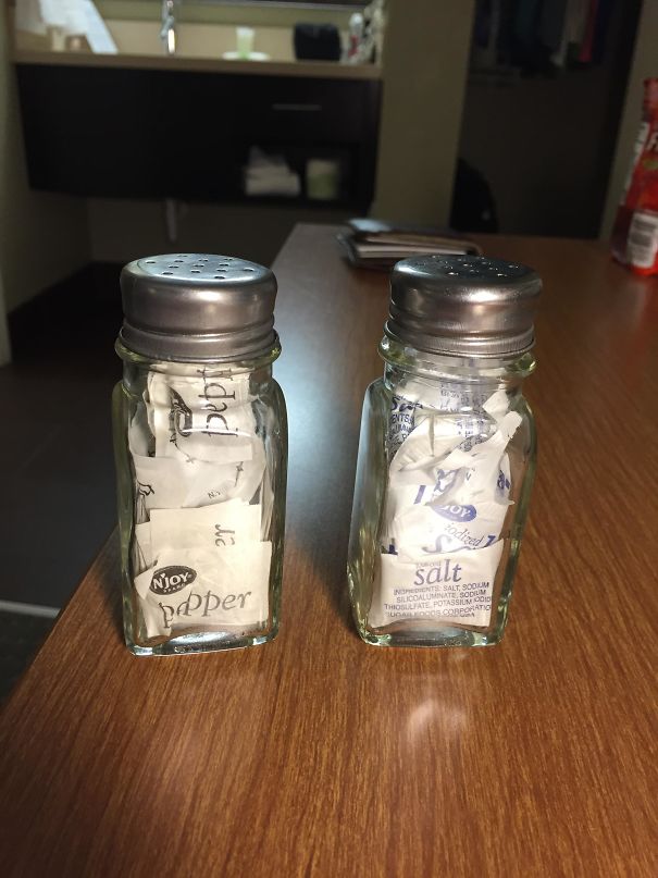 These Salt And Pepper Shakers Filled With Salt And Pepper Packets At My Hotel