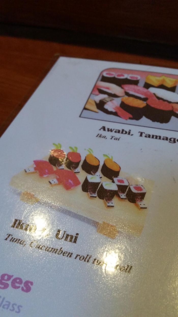 Este restaurante puso accidentalmente fotos de USBs en forma de sushi en su menú
