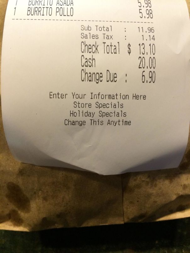This Restaurant Forgot To Fill Out Their Store Information On Their Receipts
