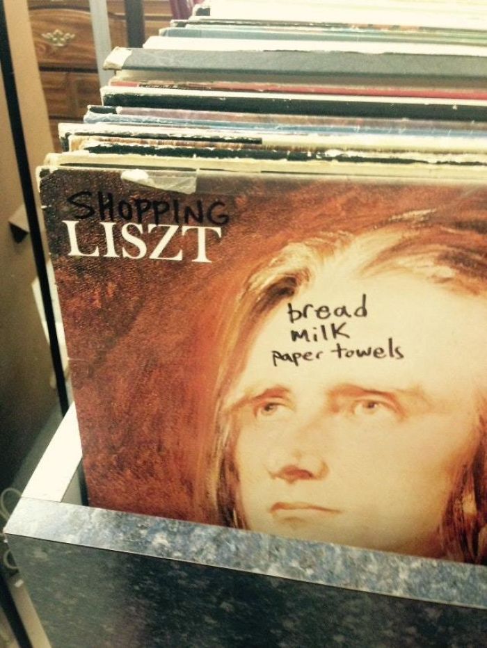 Thrift store find: album cover with "Shopping Liszt" and a grocery list written on a forehead.