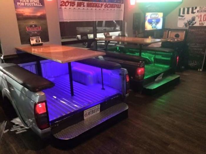The Booths At My Cousins Sports Bar Are Truck Beds
