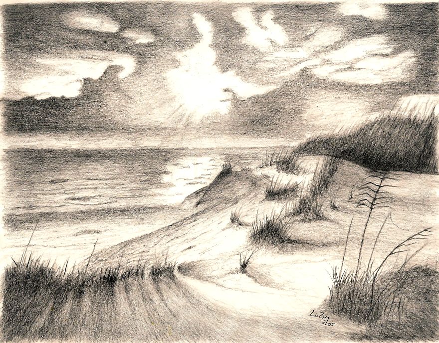 Destin Beach, Fla. Overlooking The Gulf Of Mexico, One Of Florida's Most Beautiful Beaches Indeed! I Did This One On A Regular Sketch Paper And Black Pencil 12 Years Ago! Check My Website: Luzimmscratchart.com