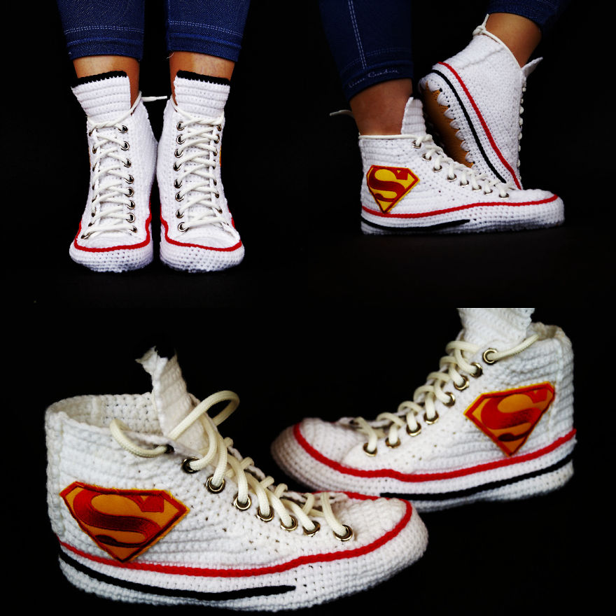 Knitting Crochet Converse Chuck Taylor All Star Hi Superman Sneaker, Everyone Has A Converse Shoe. But This Is A Very Different Converse Shoe. The Superman Converse Shoe Can Be Yours. Now You Can Fly This Superman Converse. :-)
