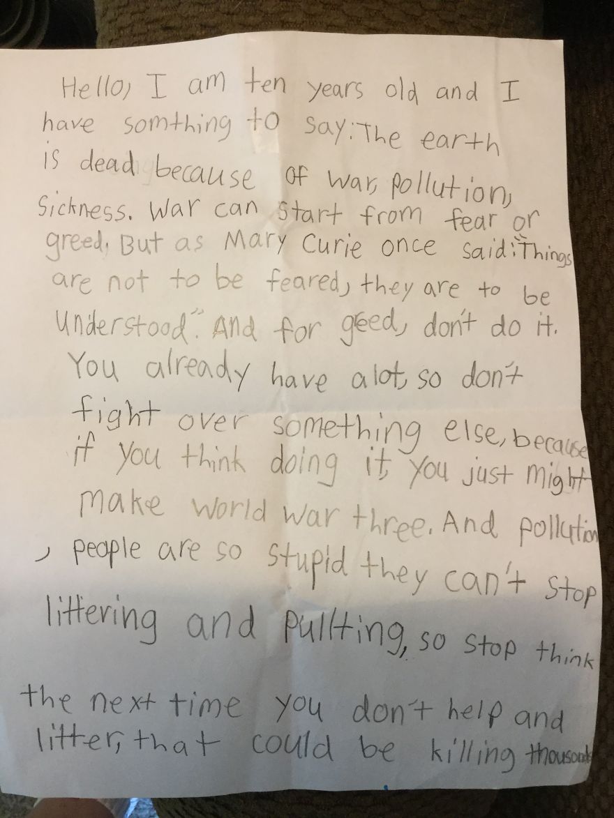 10-Year-Old Gets Fed Up With Idiots Hurting The Planet And Writes Open Letter To Humanity