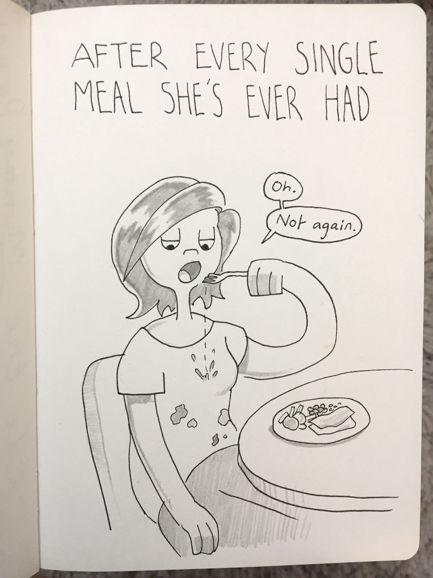 Kellie Drops Food On Herself Literally Every Mealtime, And Is Still Surprised Each Time It Happens