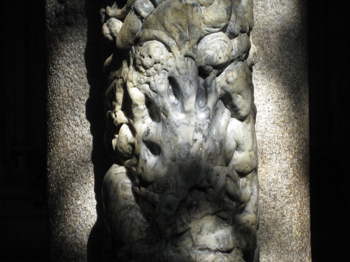 Portico De La Gloria, Galicia, Spain. Five Fingers Marks Of Visitor's Hands In The Marble For Over A Thousand Years
