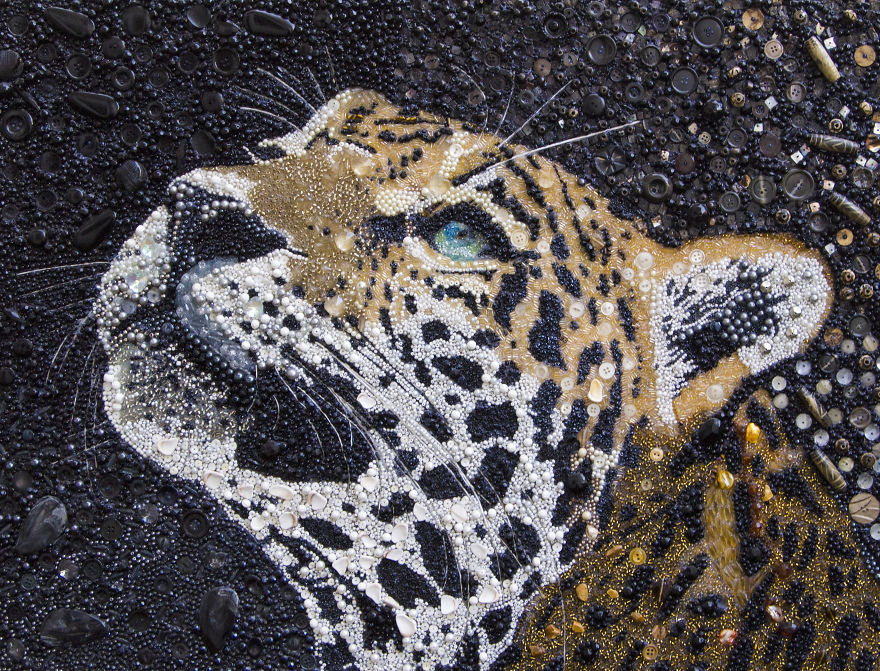 I Created This Leopard Using Just Beads And Buttons