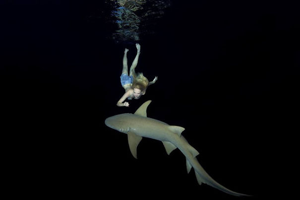Model Poses Underwater With Sharks To Prove Creatures Are Not Dangerous