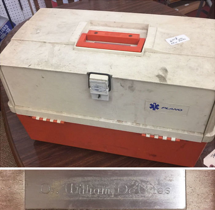 A vintage Plano medical box found at a thrift store, featuring engraved text "Dr. William DeVries."