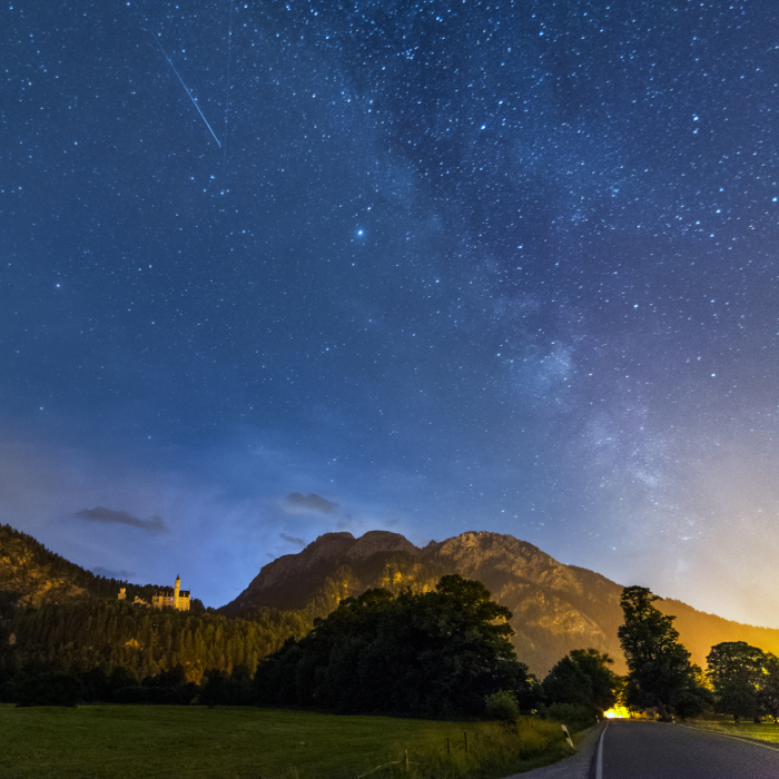 Milk Way, Lightning And Meteor Over Neuschwanstein Castle Early This Morning