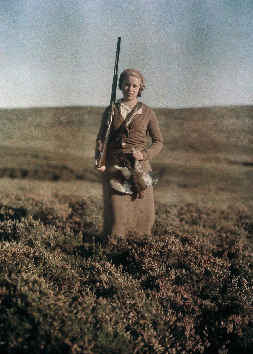 Eva Poses After A Successful Hunt In Scotland, C. 1920