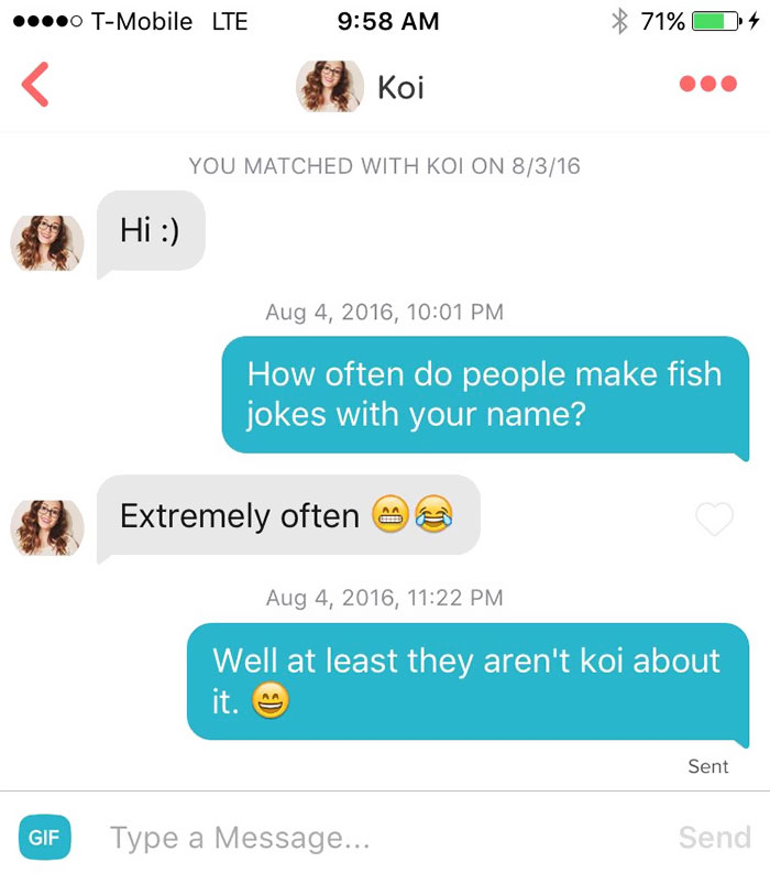 man flirting with woman using her name as a koi pun 