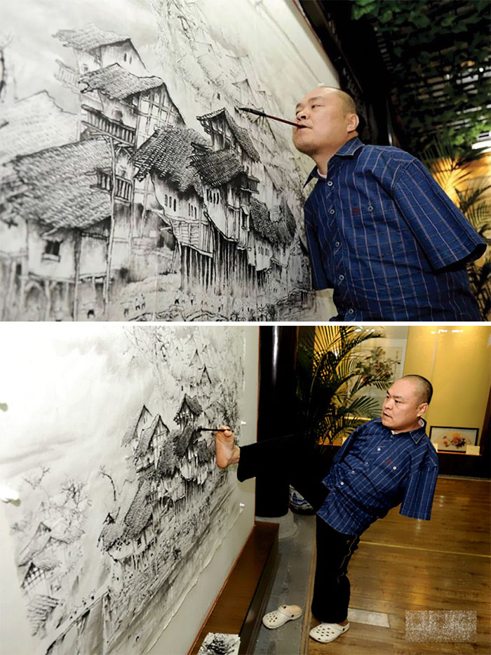 Huang Guofu Lost Both His Arms In A Horrible Electric Shock Accident At The Age Of Four, However This Didn’t Stop Him From Pursuing His Dreams, He Began Painting With His Feet At The Age Of 12