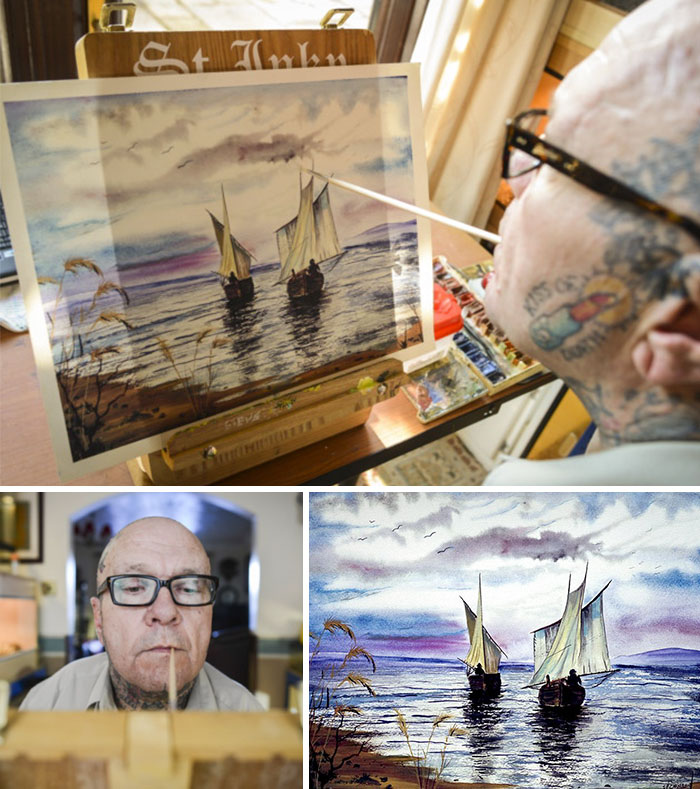Steve Chambers Paints A Scene Of Two Boats By Holding A Paintbrush In His Mouth Because A Rare Condition Means He Was Born With His Arms Devoid Of Muscles