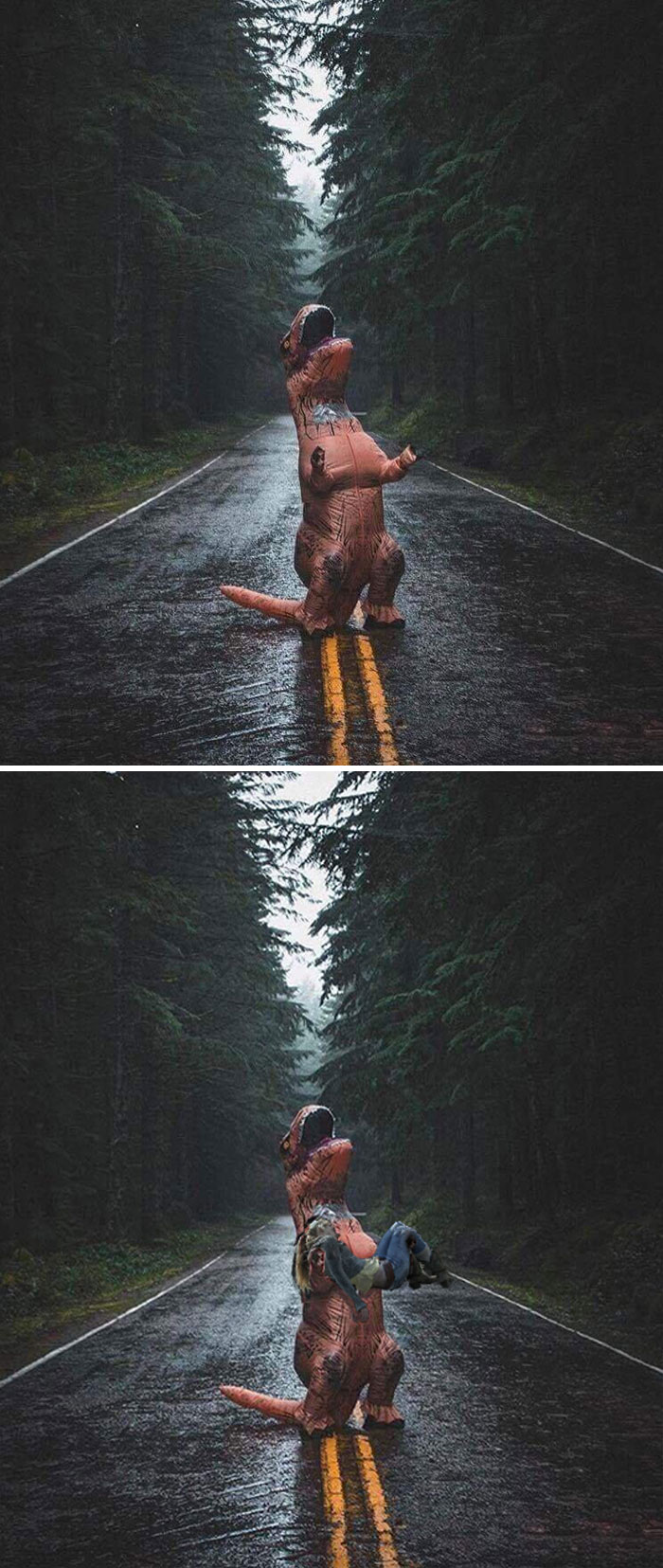 Man In T-Rex Costume Crying Out In Rain