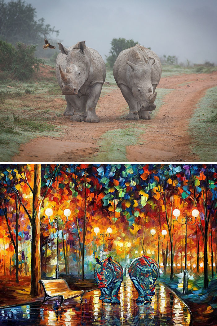 The Rhino Couple Just Reminded Me Of The Two Lovers Walking In The Rain From Leonid Afremov's Rain's Rustle Painting