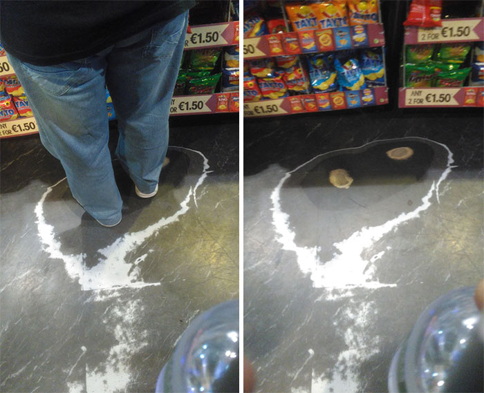 This Floor Is Worn Through Where People Have Stood In The Same Position At The Checkout