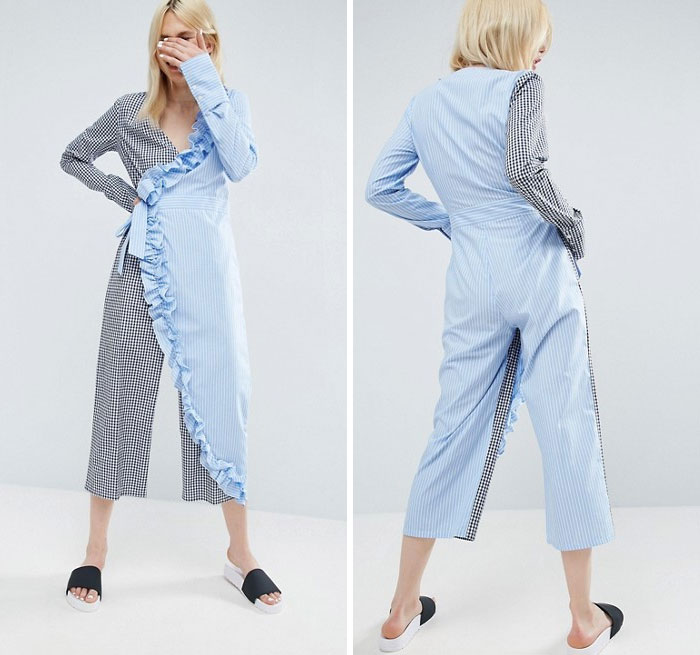 Wrap Jumpsuit In Cotton Stripe With Frill