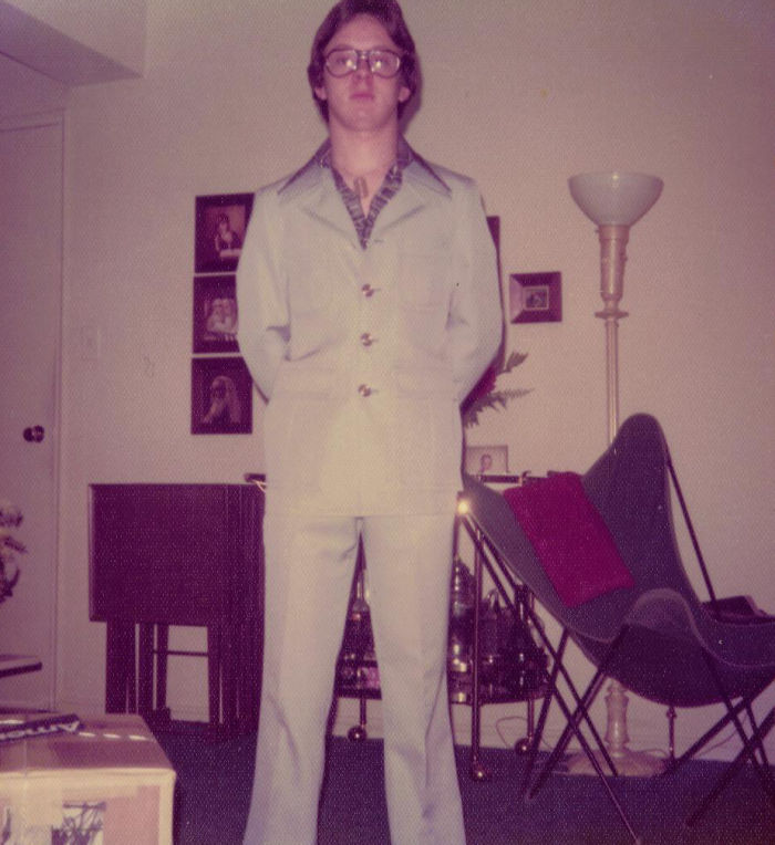 Ah, The 80s. Powder Blue Nylon Suit With Disco Collar - Complete With The Gold Razor Necklace.