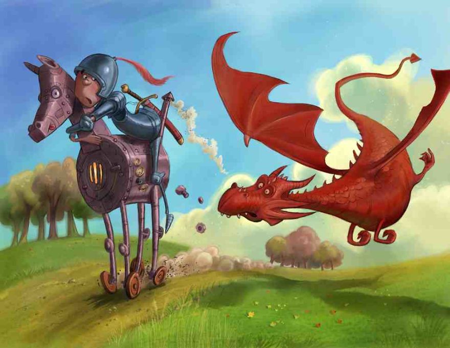 Knight Rides Steam Horse To Escape Dragon