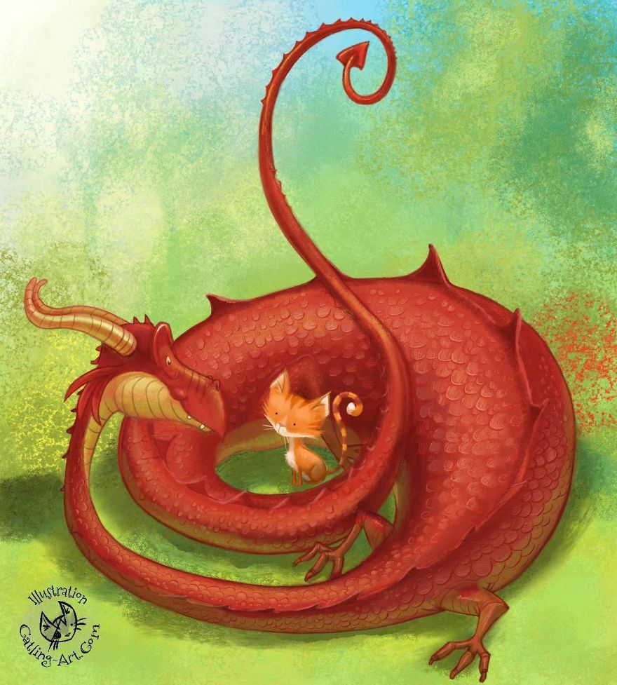 Cute Red Dragon Befriends Cat