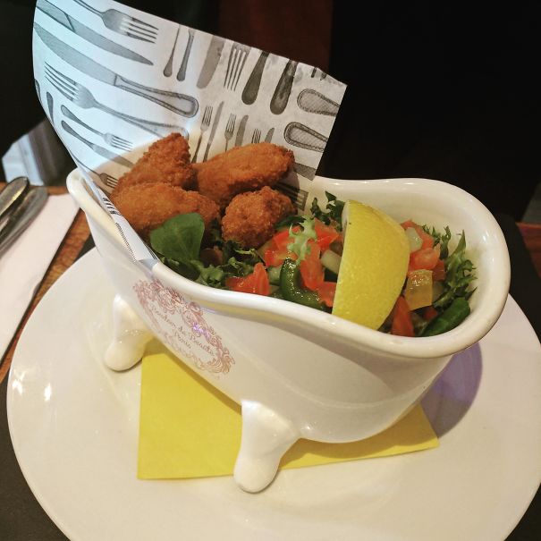 Technically This Scampi Is On A Plate, But It's Also In A Miniature Bath So I Think That Counts