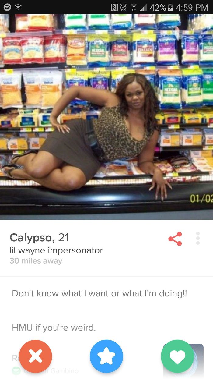 Tinder profile of a woman on a cash register 