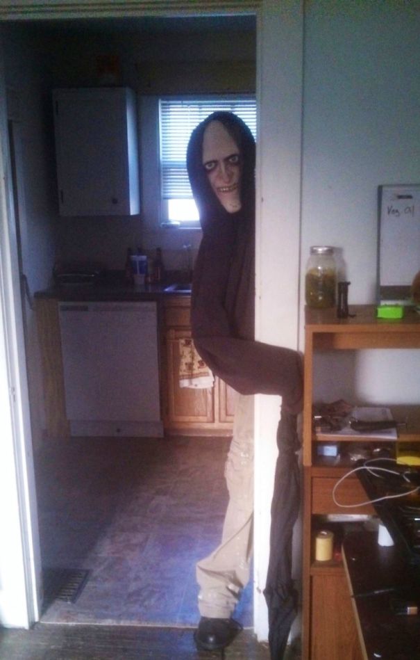 Bought A Creepy Mask Recently. Friend Wanted To Borrow It To Scare His Roommate. He Put This Together Before He Left For Spring Break For His Roommate To Find