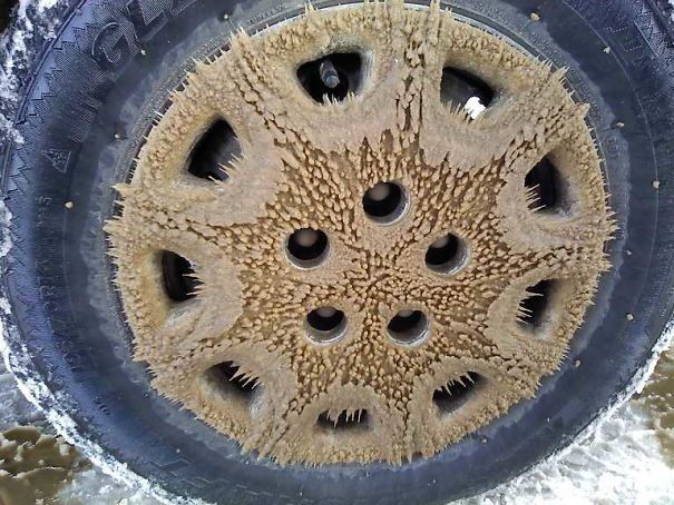 Cool Ice Pattern On My Wheel After Driving Through Wet Snow