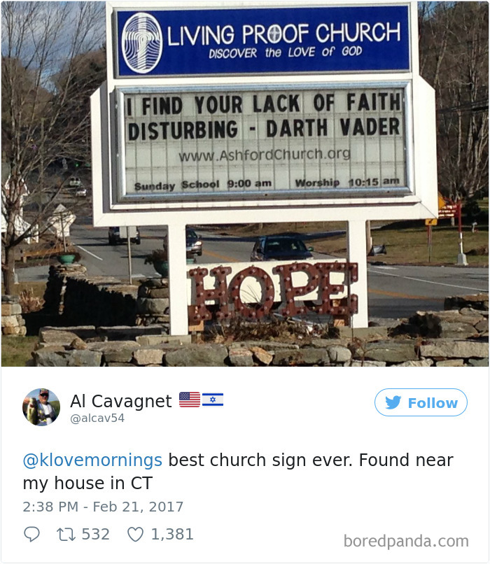 Living proof church sign - ‘I find your lack of faith disturbing - Darth Vader’