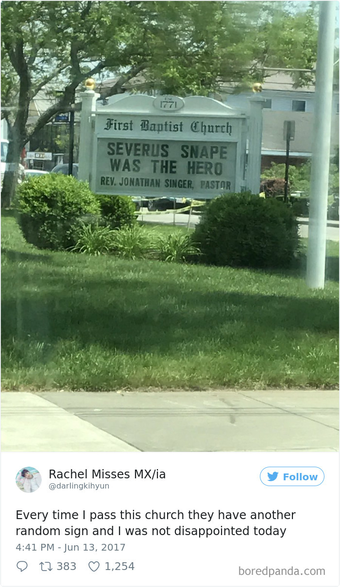 First Baptist Church sign - ‘Severus snape was the hero’