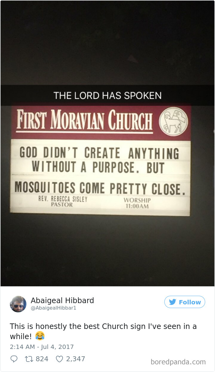 Church sign - ‘God didn't create anything without a purpose. But mosquitoes come pretty close.’