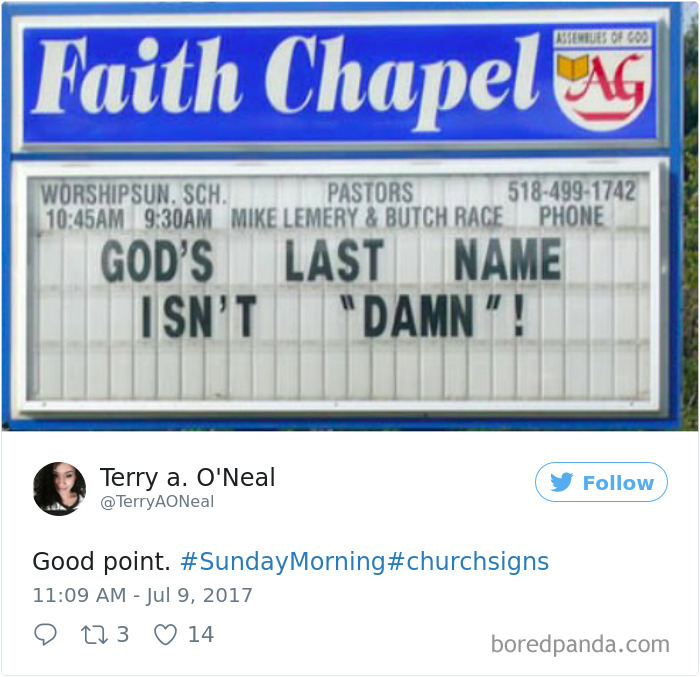 Faith Chapel sign - ‘God's last name isn't ‘Damn’!’