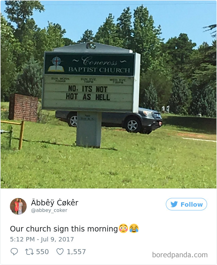Baptist Church sign - ‘Not, it's not hot as hell’