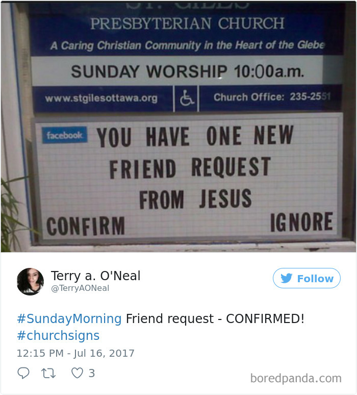 Church sign - ‘You have one new friend request from Jesus, Confirm / Ignore’