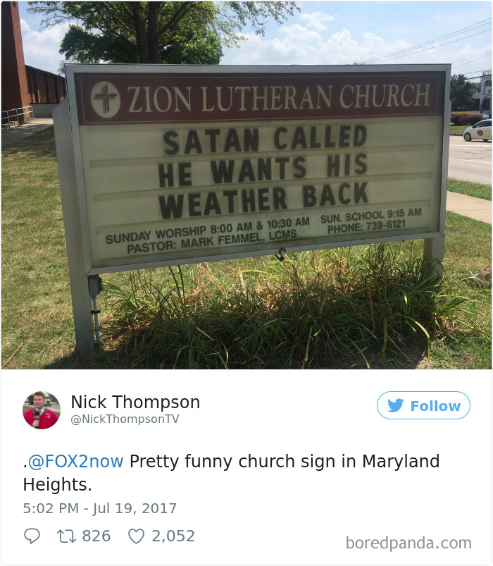 Zion Lutheran Church sign - ‘Satan called he wants his weather back’