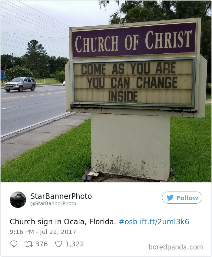 Church of Christ sign - ‘Come as you are you can change inside’