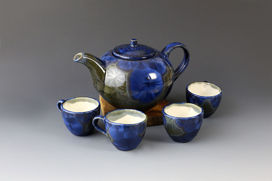 Porcelain Crystalline Glazed Cups & Mugs That I Made Recently With My Own Glaze Recipe.