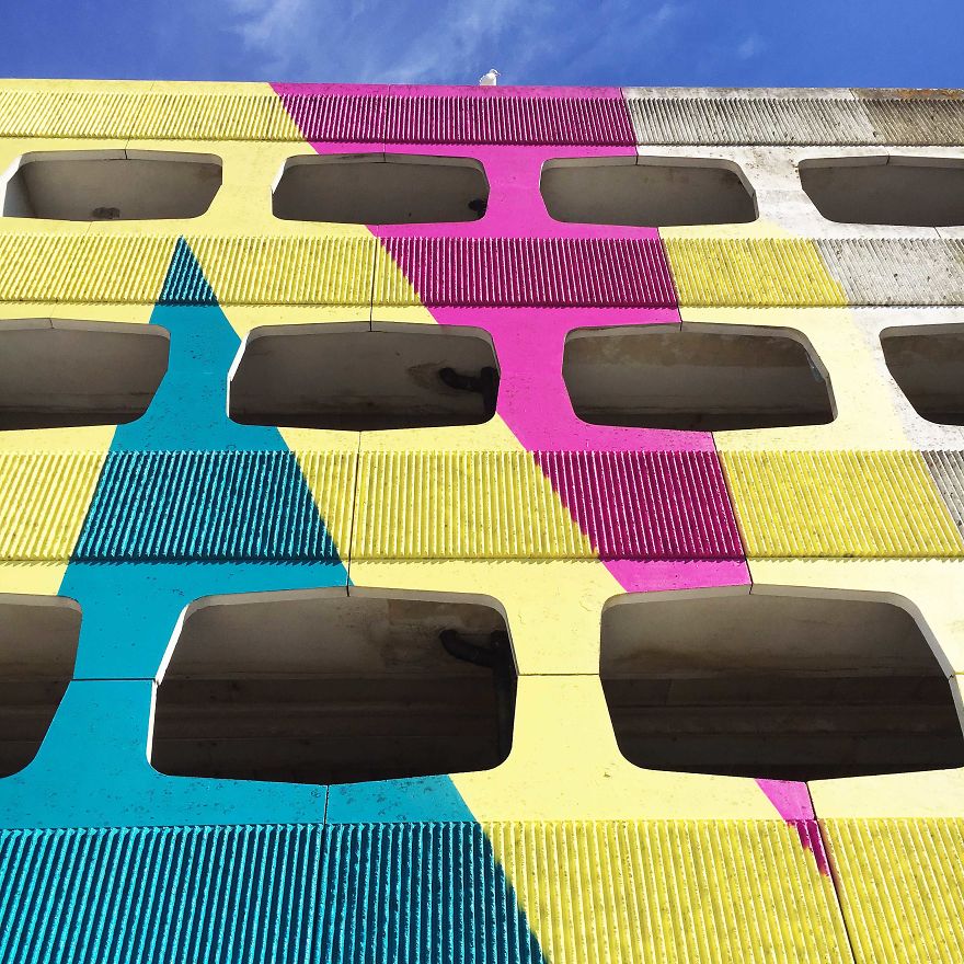 Street Artist Transforms 60s Carpark With Giant, Candy-Striped Supergraphic Artwork